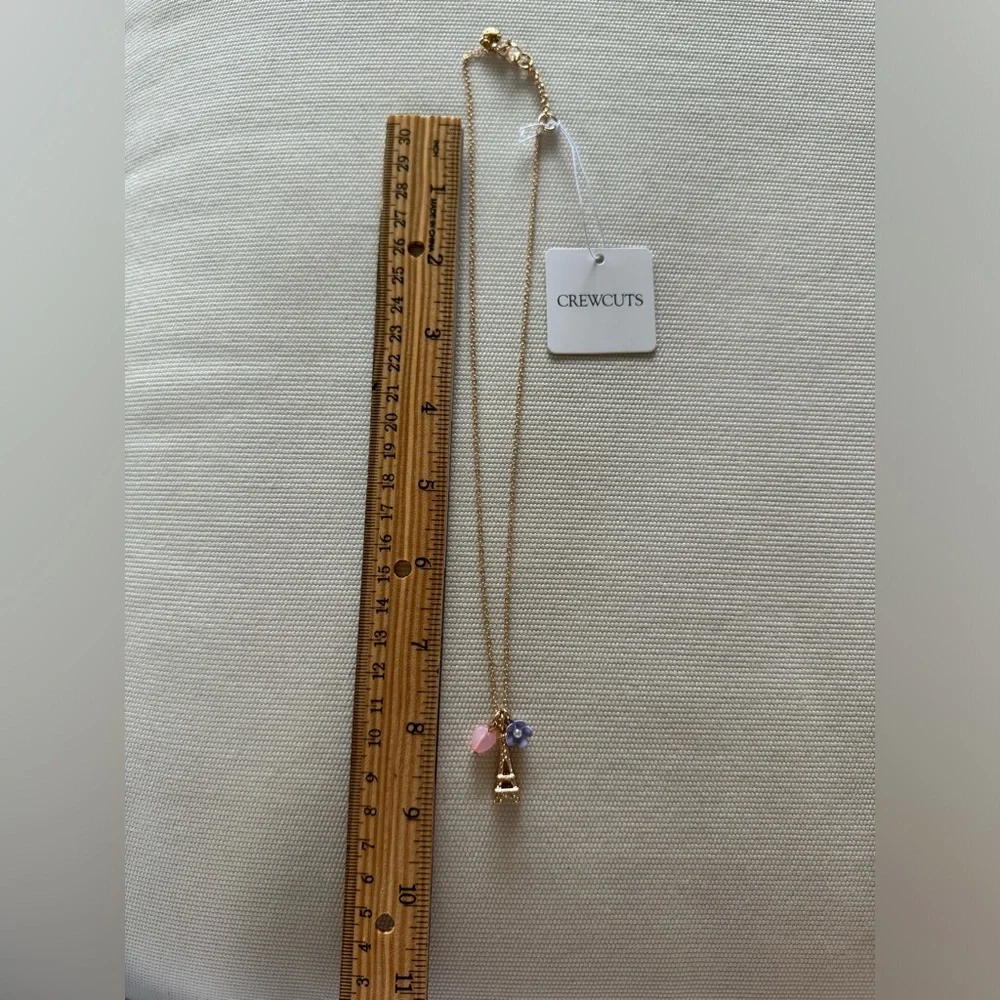 Gold Eiffel Tower Pendant Necklace with Pink Heart & Lavender Flower Charms
